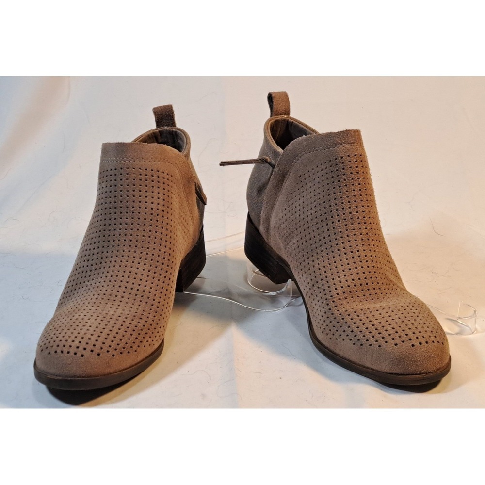 TOMS Deia Taupe Perforated Suede Canvas Ankle Booties Womens 7.5 Zip Block Heel - Picture 9 of 12